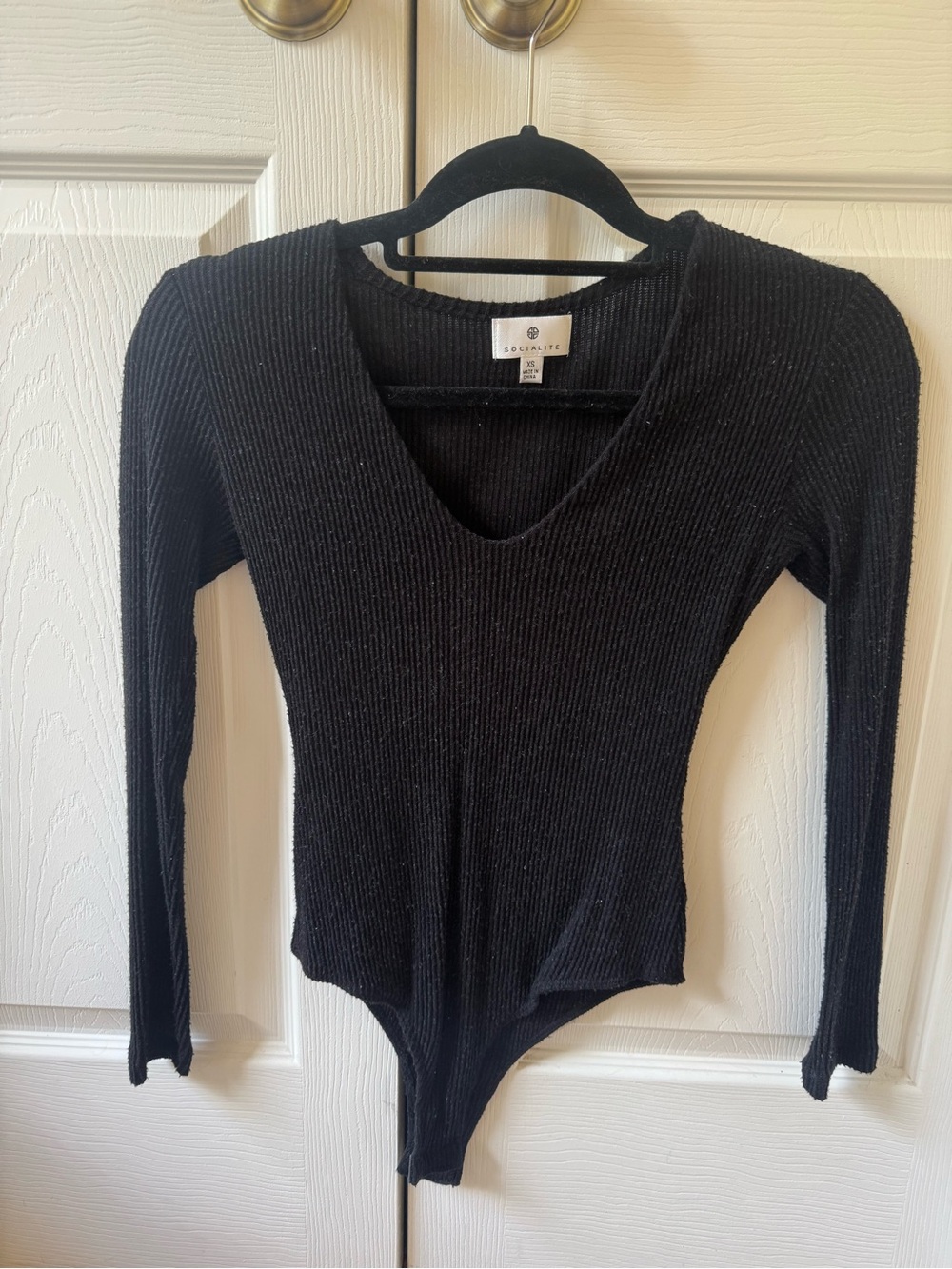Socialite Black Ribbed Long-Sleeve V-Neck Bodysuit